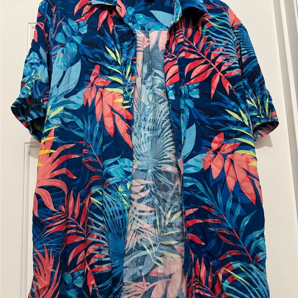 Tropical Blue and Red Leaf Print Shirt - Picture 1 of 1